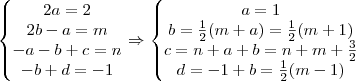 \left\{\begin{matrix}
2a=2\\ 
2b-a=m\\ 
-a-b+c=n\\ 
-b+d=-1
\end{matrix}\right.\Rightarrow \left\{\begin{matrix}
a=1\\ 
b=\frac{1}{2}(m+a) = \frac{1}{2}(m+1)\\ 
c=n+a+b = n+m+\frac{3}{2}\\ 
d=-1+b = \frac{1}{2}(m-1)
\end{matrix}\right.