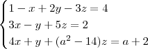 \begin{cases}
1 - x + 2y - 3z = 4 \\
3x - y + 5z = 2 \\
4x + y + (a^2 - 14)z = a + 2
\end{cases}