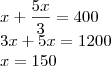 \\x+\frac{5x}{3}=400\\3x+5x=1200\\x=150