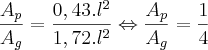 \frac{A_p}{A_g}=\frac{0,43.l^2}{1,72.l^2} \Leftrightarrow \frac{A_p}{A_g}=\frac{1}{4}