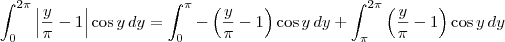 \int_{0}^{2\pi} \left|\frac{y}{\pi} -1 \right|\cos y \, dy = \int_{0}^{\pi}-\left(\frac{y}{\pi} -1\right)\cos y \, dy + \int_{\pi}^{2\pi}\left(\frac{y}{\pi} -1\right)\cos y \, dy