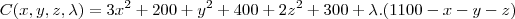 C(x,y,z,\lambda)=3x^2+200+y^2+400+2z^2+300+\lambda.(1100-x-y-z) C(x,y,z,\lambda)=3x^2+200+y^2+400+2z^2+300+\lambda.(1100-x-y-z)