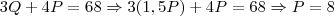 3Q+4P=68 \Rightarrow 3(1,5P)+4P=68 \Rightarrow P =8 3Q+4P=68 \Rightarrow 3(1,5P)+4P=68 \Rightarrow P =8