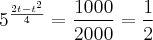 {5}^{\frac{2t-t^2}{4}} = \frac{1000}{2000} = \frac{1}{2}