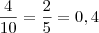 \frac{4}{10} =\frac{2}{5} = 0,4 \frac{4}{10} =\frac{2}{5} = 0,4