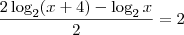 \frac{2\log_2(x+4) - \log_2 x}{2} = 2 \frac{2\log_2(x+4) - \log_2 x}{2} = 2