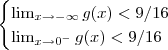 \begin{cases} \lim_{x\to -\infty} g(x) <9/16\\ \lim_{x\to 0^-} g(x) < 9/16\end{cases} \begin{cases} \lim_{x\to -\infty} g(x) <9/16\\ \lim_{x\to 0^-} g(x) < 9/16\end{cases}
