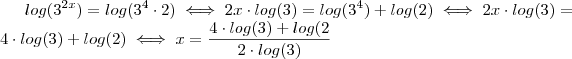 log(3^{2x}) = log(3^{4} \cdot 2) \iff  2x \cdot log (3) = log(3^4}) + log(2) \iff  2x \cdot log(3) =  4 \cdot log(3) + log(2)  \iff  x = \frac{4 \cdot log(3) + log(2}{2 \cdot log(3)}