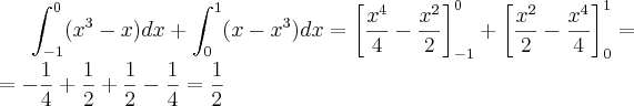 \int_{-1}^{0}(x^3-x)dx + \int_{0}^{1}(x-x^3)dx=\left[\frac{x^4}{4}-\frac{x^2}{2} \right]_{-1}^{0}+\left[\frac{x^2}{2}-\frac{x^4}{4} \right]_{0}^{1}=\\=-\frac{1}{4}+\frac{1}{2}+\frac{1}{2}-\frac{1}{4}=\frac{1}{2}