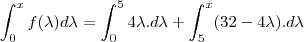 \int_{0}^{x}f(\lambda)d\lambda=\int_{0}^{5}4\lambda.d\lambda+\int_{5}^{x}(32-4\lambda).d\lambda \int_{0}^{x}f(\lambda)d\lambda=\int_{0}^{5}4\lambda.d\lambda+\int_{5}^{x}(32-4\lambda).d\lambda