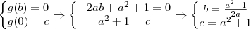 \left\{\begin{matrix}
g(b)=0\\ 
g(0)=c
\end{matrix}\right.\Rightarrow \left\{\begin{matrix}
-2ab+a^2+1=0\\ 
a^2+1=c
\end{matrix}\right.\Rightarrow \left\{\begin{matrix}
b=\frac{a^2+1}{2a}\\ 
c=a^2+1
\end{matrix}\right.
